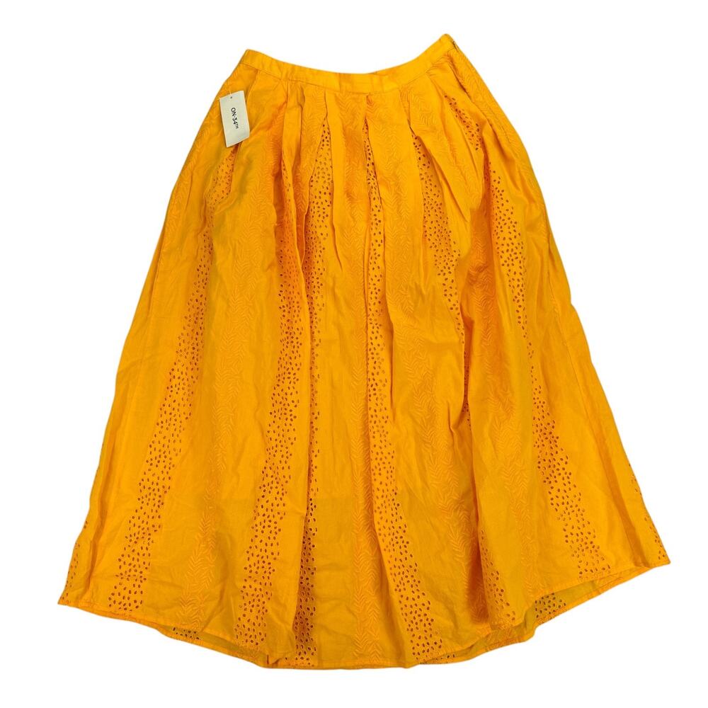 On 34th Womens Cotton Eyelet Embroidered Pleated Midi Skirt Citrus Yellow 4 - Picture 1 of 6